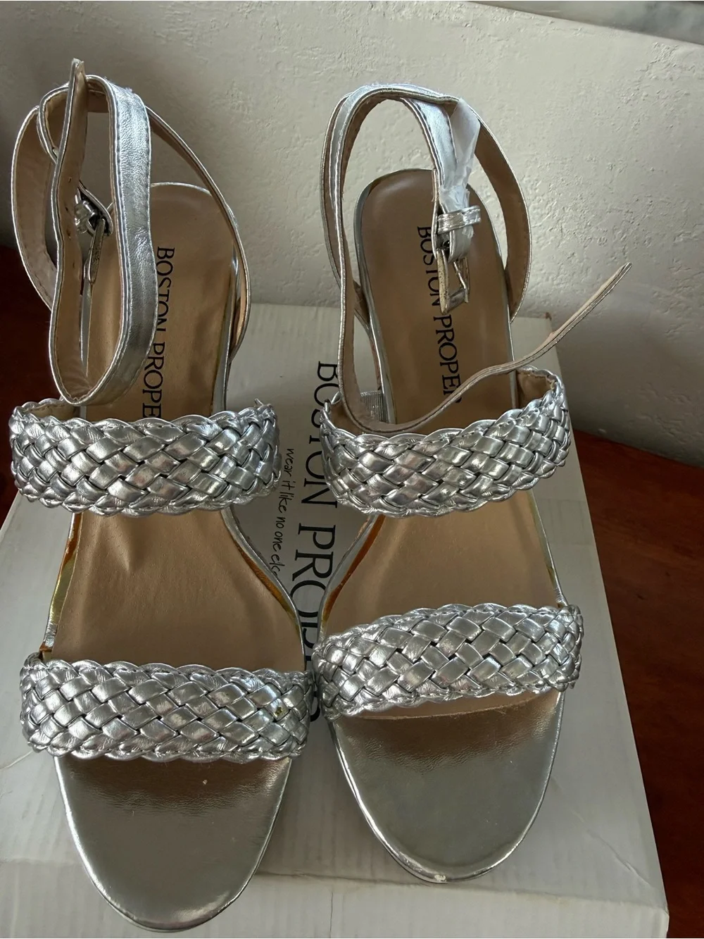 Boston Proper Metallic Silver Braided-Strap Heeled Sandals